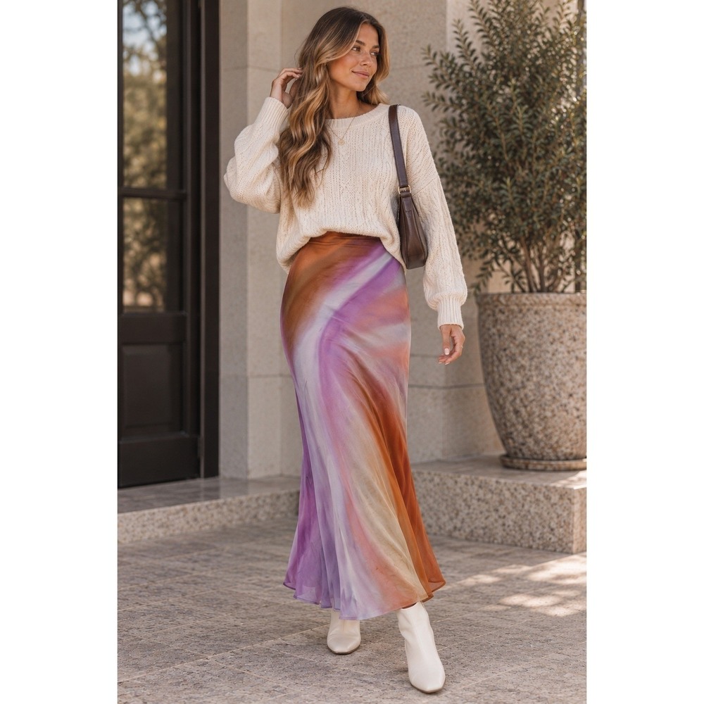 AFRM Y2K Women Purple Orange Abstract Marble Mesh Maxi Skirt Y2K Bodycon Size S